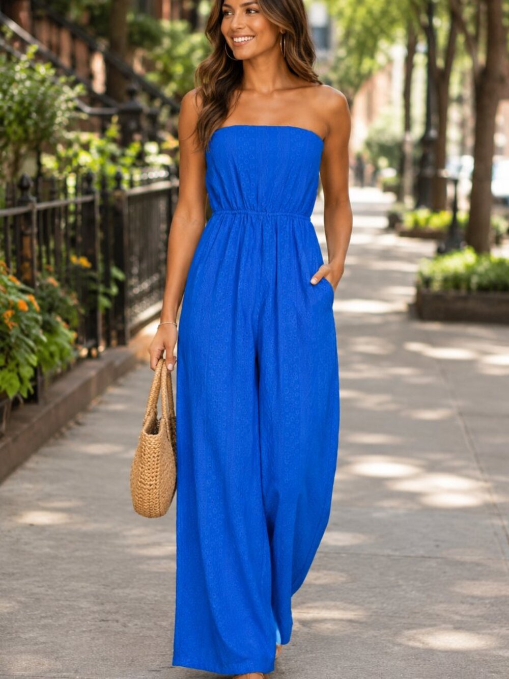 Lulus Blue Cotton Eyelet-inspired fabric design Strapless Jumpsuit Size Large